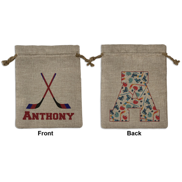 Custom Hockey 2 Medium Burlap Gift Bag - Front & Back (Personalized)