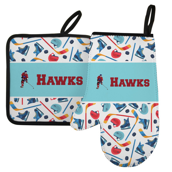 Custom Hockey 2 Left Oven Mitt & Pot Holder Set w/ Name or Text