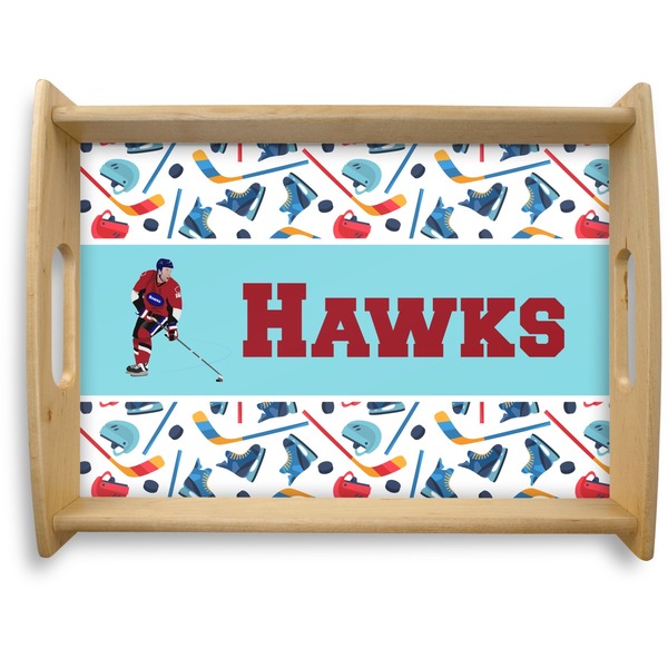 Custom Hockey 2 Natural Wooden Tray - Large (Personalized)