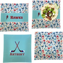 Hockey 2 Set of 4 Glass Square Lunch / Dinner Plate 9.5" (Personalized)