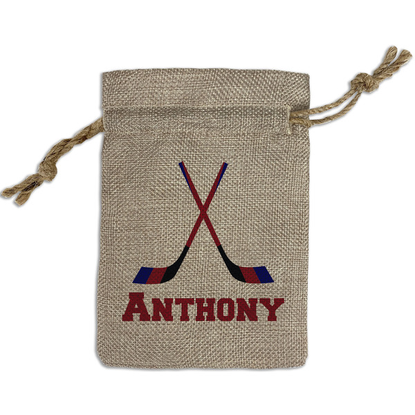 Custom Hockey 2 Small Burlap Gift Bag - Front (Personalized)