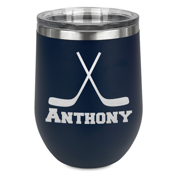 Custom Hockey 2 Stemless Stainless Steel Wine Tumbler - Navy - Double Sided (Personalized)