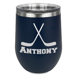 Hockey 2 Stemless Stainless Steel Wine Tumbler - Navy - Single Sided (Personalized)