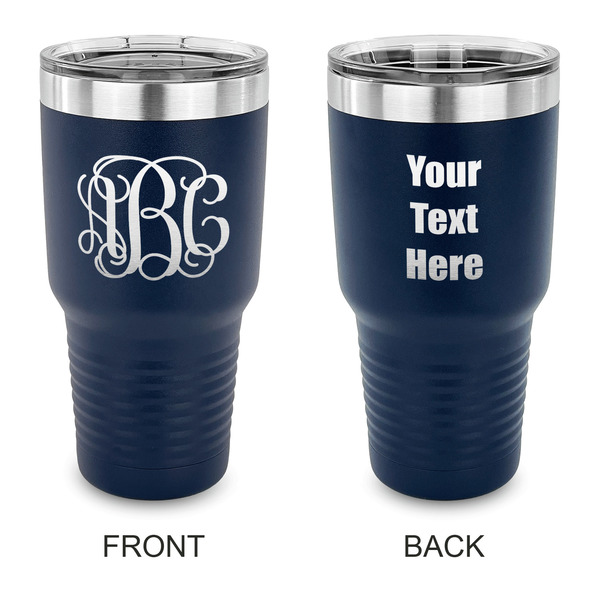 Custom Interlocking Monogram 30 oz Stainless Steel Tumbler - Navy - Double Sided (Personalized)