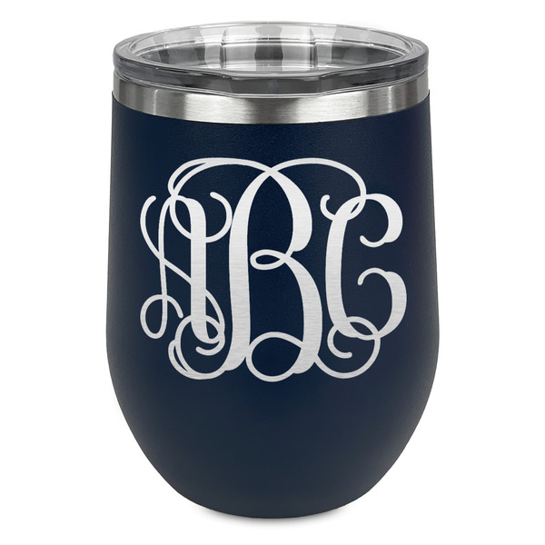 Custom Interlocking Monogram Stemless Stainless Steel Wine Tumbler - Navy - Double Sided (Personalized)