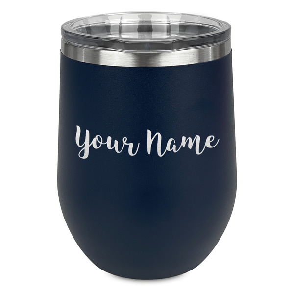 Custom Script Name Stemless Stainless Steel Wine Tumbler - Navy - Double-Sided (Personalized)