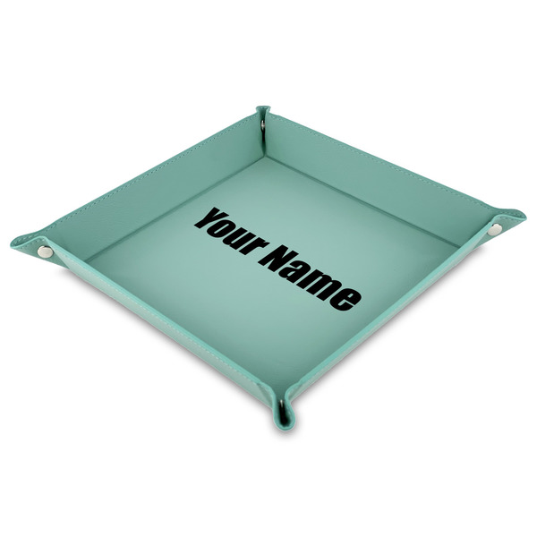 Custom Block Name Faux Leather Dice Tray - 9" x 9"  - Teal (Personalized)