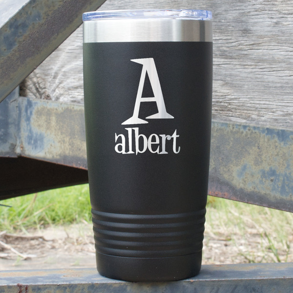 Custom Name & Initial 20 oz Stainless Steel Tumbler - Black - Single-Sided (Personalized)