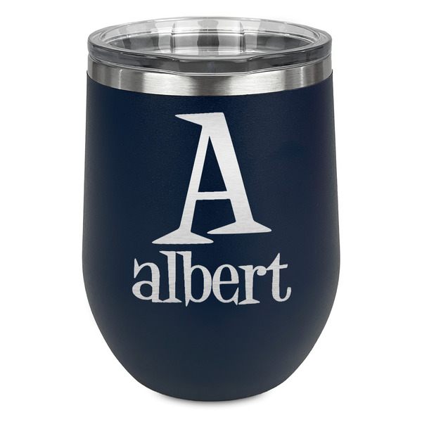 Custom Name & Initial Stemless Stainless Steel Wine Tumbler - Navy - Double-Sided (Personalized)