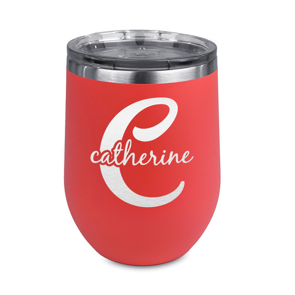 Custom Name & Initial (Girly) Stemless Stainless Steel Wine Tumbler - Coral - Double Sided (Personalized)