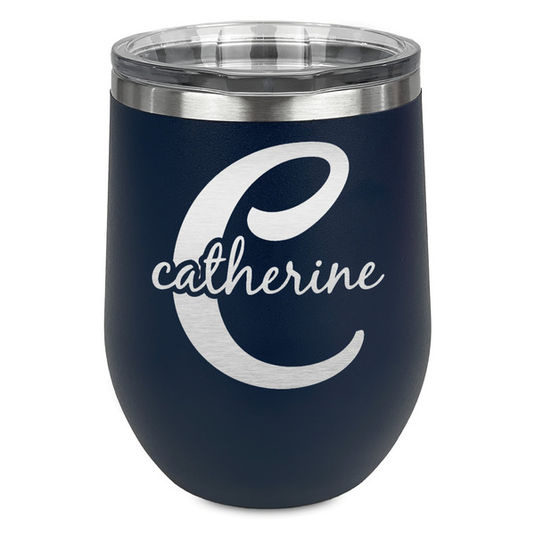 Custom Name & Initial (Girly) Stemless Stainless Steel Wine Tumbler - Navy - Double Sided (Personalized)