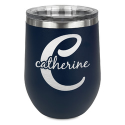 Name & Initial (Girly) Stemless Stainless Steel Wine Tumbler - Navy - Single Sided (Personalized)