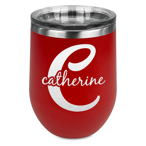 Custom Name & Initial (Girly) Stemless Stainless Steel Wine Tumbler - Red - Double Sided (Personalized)