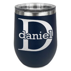 Name & Initial (for Guys) Stemless Stainless Steel Wine Tumbler - Navy - Single Sided (Personalized)