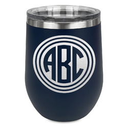 Round Monogram Stemless Stainless Steel Wine Tumbler - Navy - Single-Sided (Personalized)