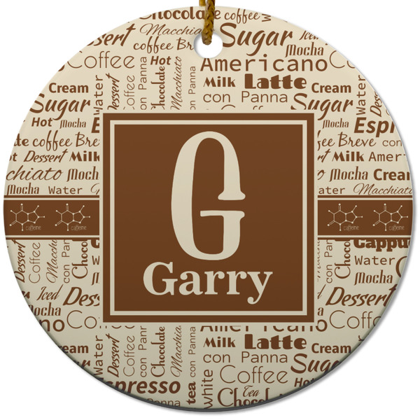 Custom Coffee Lover Round Ceramic Ornament w/ Name and Initial