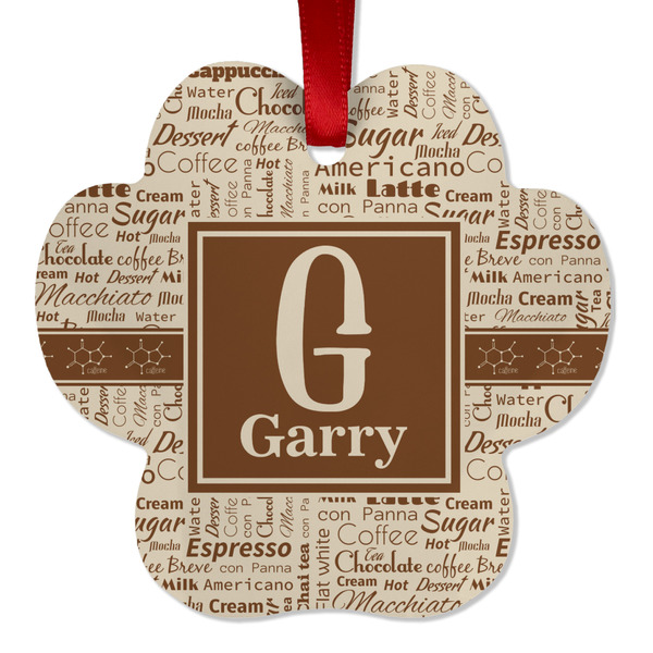 Custom Coffee Lover Metal Paw Ornament - Double Sided w/ Name and Initial