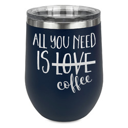 Coffee Lover Stemless Stainless Steel Wine Tumbler - Navy - Single Sided