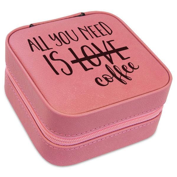 Custom Coffee Lover Travel Jewelry Boxes - Pink Leather