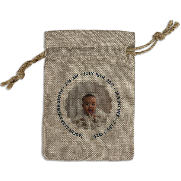 Custom Baby Boy Photo Small Burlap Gift Bag - Front