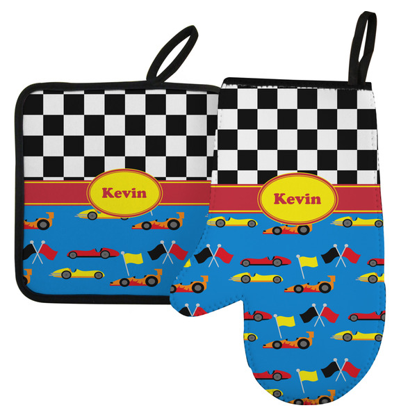 Custom Racing Car Left Oven Mitt & Pot Holder Set w/ Name or Text