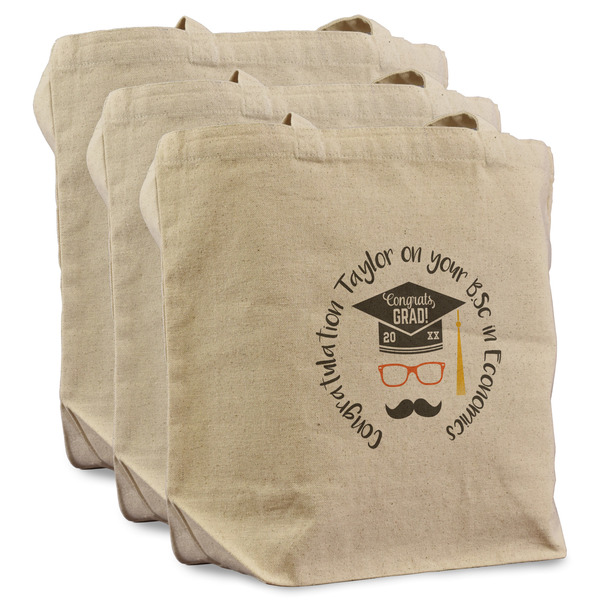 Custom Hipster Graduate Reusable Cotton Grocery Bags - Set of 3 (Personalized)