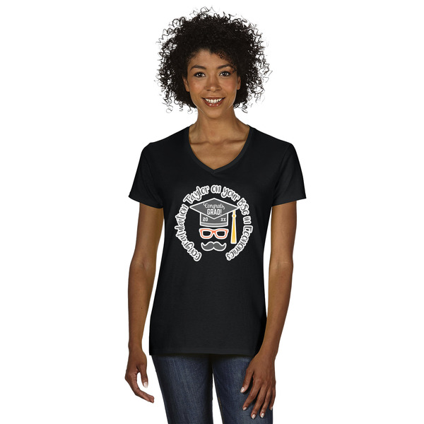 Custom Hipster Graduate Women's V-Neck T-Shirt - Black - 3XL (Personalized)