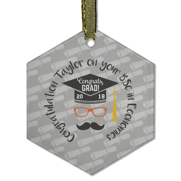 Custom Hipster Graduate Flat Glass Ornament - Hexagon w/ Name or Text