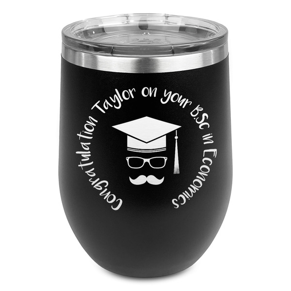 Custom Hipster Graduate Stemless Stainless Steel Wine Tumbler - Black - Single Sided (Personalized)