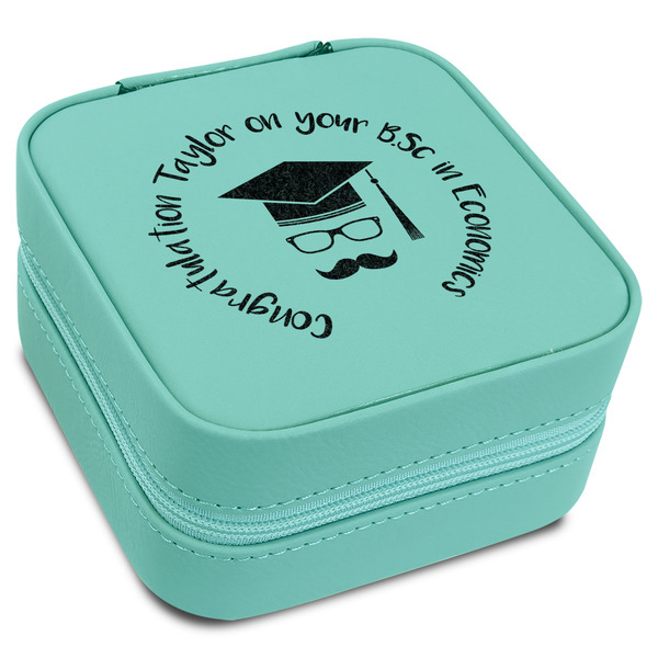 Custom Hipster Graduate Travel Jewelry Box - Teal Leather (Personalized)