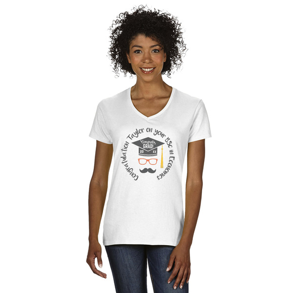 Custom Hipster Graduate Women's V-Neck T-Shirt - White - 2XL (Personalized)