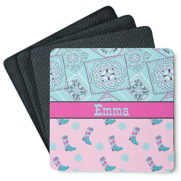 Custom Cowgirl Square Rubber Backed Coasters - Set of 4 (Personalized)