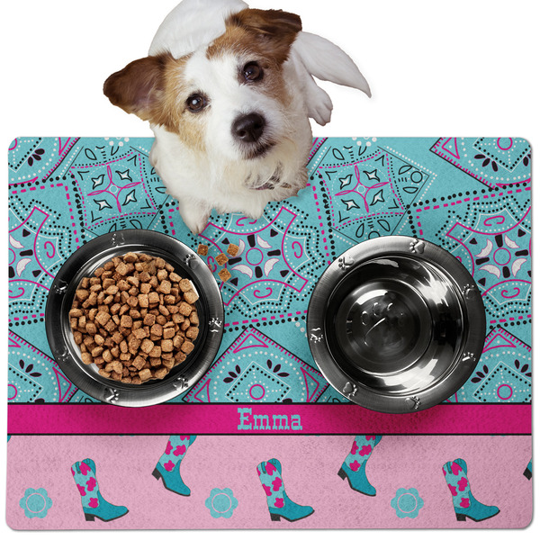 Custom Cowgirl Dog Food Mat - Medium w/ Name or Text