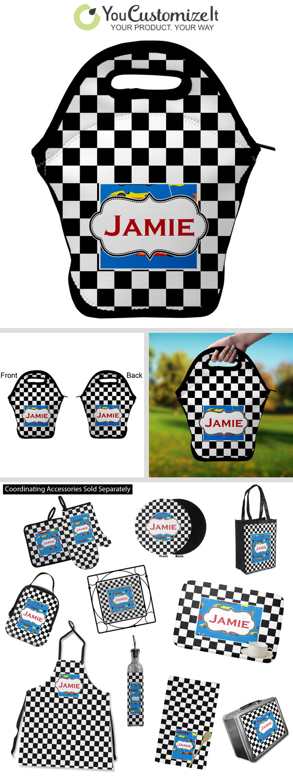 Custom Checkers & Racecars Insulated Lunch Bag (Personalized)