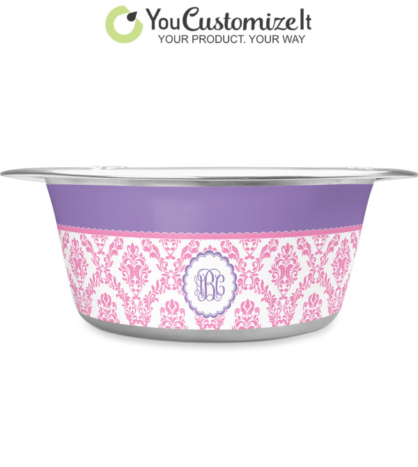 Custom Pink & Purple Damask Plastic Dog Bowl (Personalized)