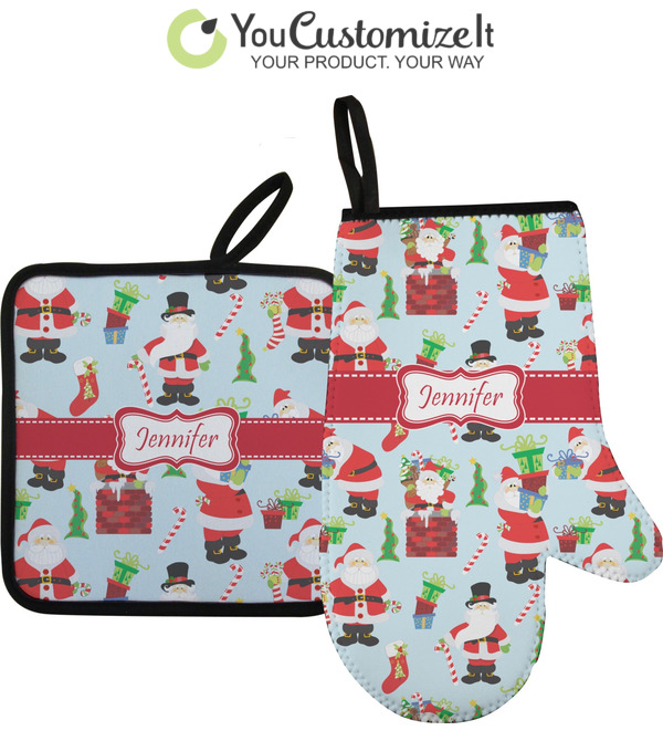 Custom Christmas Holly Oven Mitt & Pot Holder Set w/ Name or Text