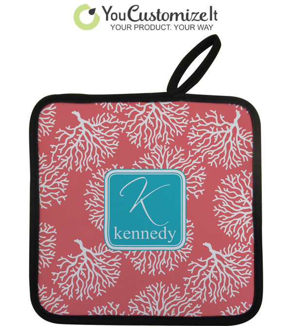 Custom Coral & Teal Pot Holder w/ Name and Initial