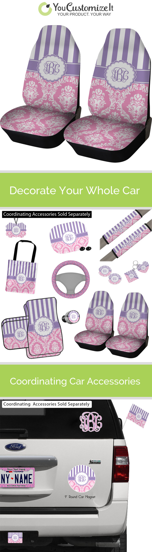 Custom Purple Damask & Dots Car Seat Covers (Set of Two) (Personalized)