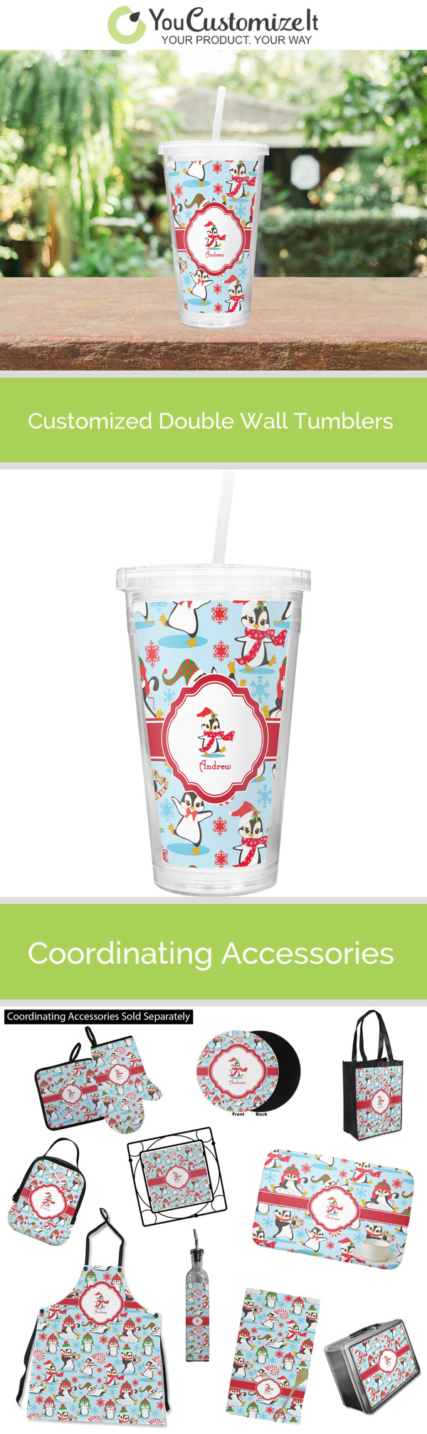 Custom Christmas Penguins Double Wall Tumbler with Straw (Personalized)