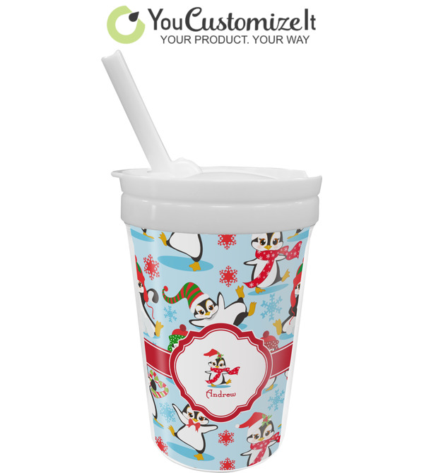 Custom Christmas Penguins Double Wall Tumbler with Straw (Personalized)