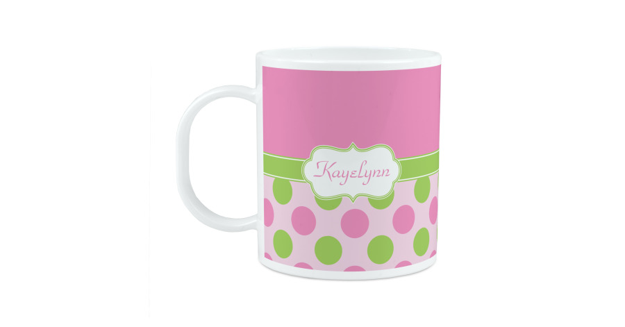 Custom Pink & Green Dots Plastic Kids Mug (Personalized) | YouCustomizeIt