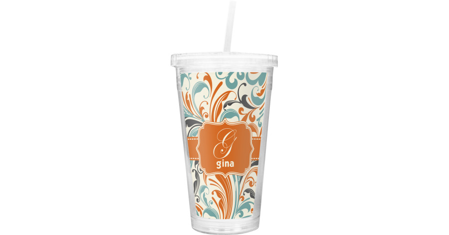 Custom Orange & Blue Leafy Swirls Double Wall Tumbler with Straw ...