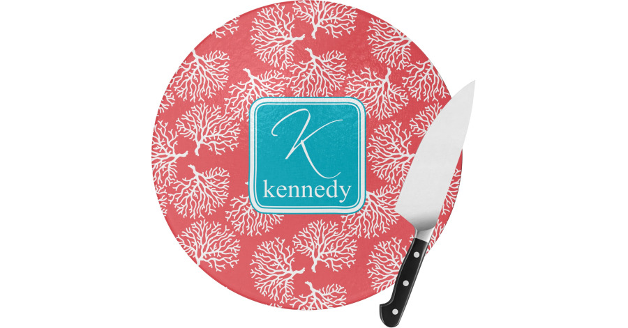 Custom Coral And Teal Round Glass Cutting Board Personalized Youcustomizeit 