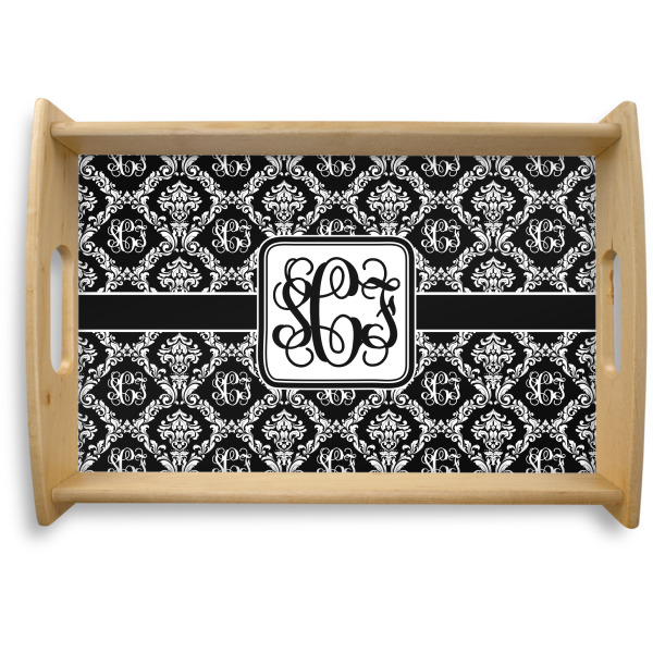 Custom Monogrammed Damask Natural Wooden Tray - Small (Personalized)