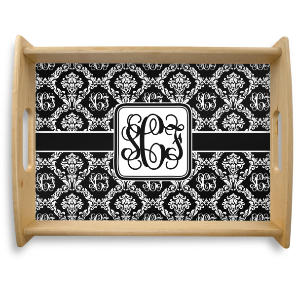 Custom Monogrammed Damask Natural Wooden Tray - Large (Personalized)