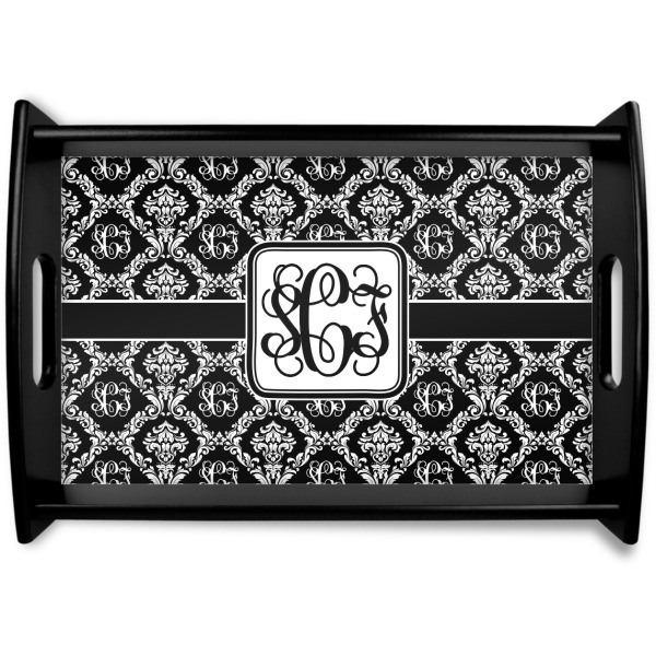 Custom Monogrammed Damask Black Wooden Tray - Small (Personalized)