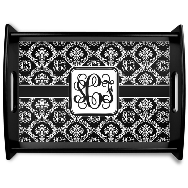 Custom Monogrammed Damask Black Wooden Tray - Large (Personalized)