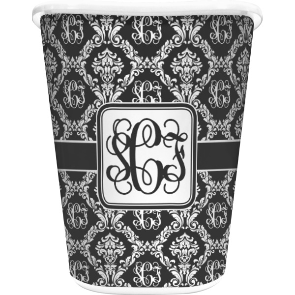 Custom Monogrammed Damask Waste Basket - Double Sided (White) (Personalized)