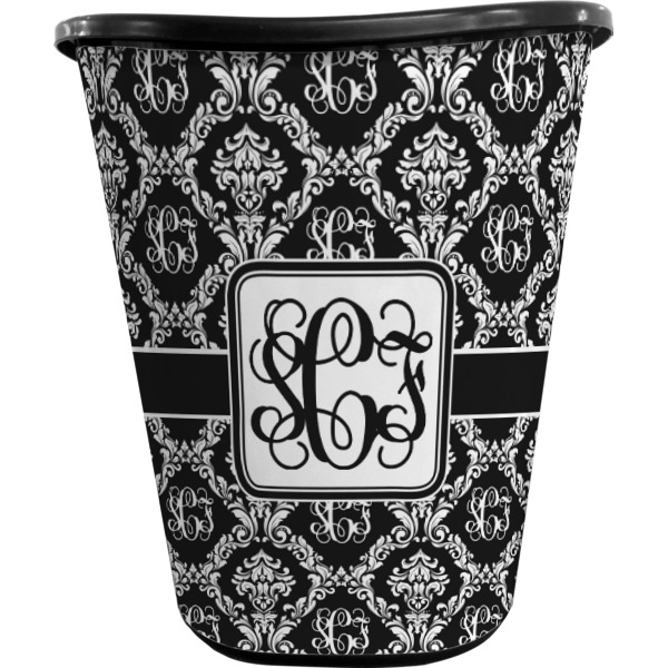 Custom Monogrammed Damask Waste Basket - Single Sided (Black) (Personalized)