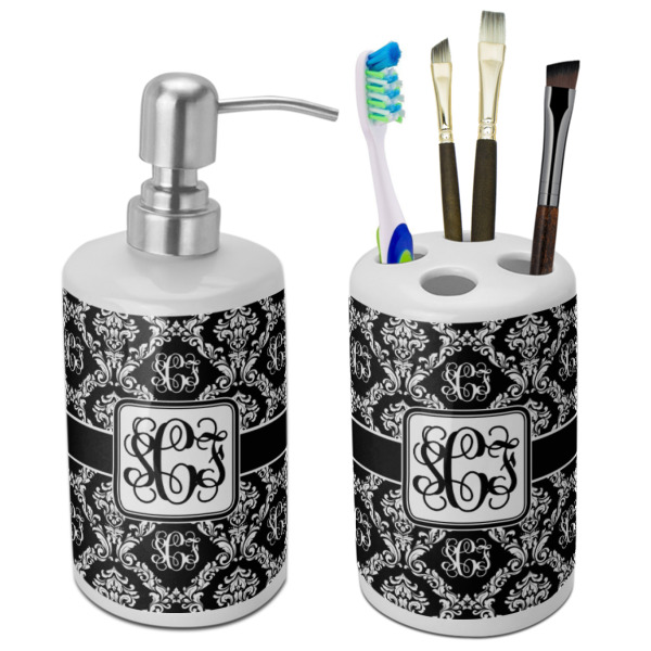 Custom Monogrammed Damask Ceramic Bathroom Accessories Set